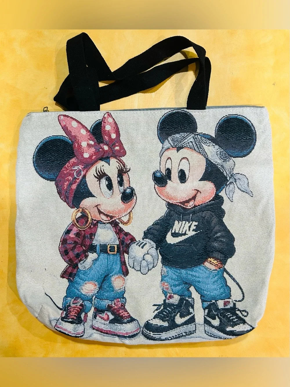 Beige Canvas Tote with Cartoon Mickey & Minnie Graphic